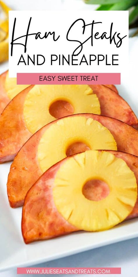 Glazed Ham Steak with Pineapple is a quick and easy dinner recipe ready in under 30 minutes with only five ingredients. The sweet glaze pairs perfectly with the salty ham! Ham Steak With Pineapple, Cooking Ham Steak, Glazed Ham Steak, Ham Slices Recipes, Ham Steak Dinner, Steak With Pineapple, Baked Ham Steak, Grilled Ham Steaks, Ham Steak Recipes