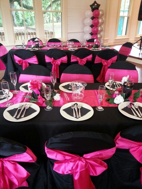 Black Pink And White Decorations, Black And Pink Sweet 16 Dress, Black And Hot Pink Birthday Party, Pink And Black Quinceanera, Black And Hot Pink Quinceanera Dress, Hot Pink And Black Birthday Party Ideas, Black And Pink Party Decorations, Hot Pink Gold And Black Birthday Party, Black And Pink Party Theme