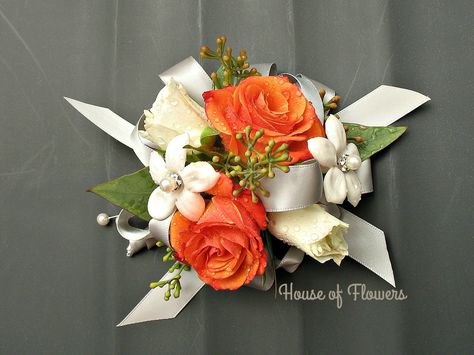 Mother of the Bride Corsage  Orange, White and Silver Orange And White Corsage And Boutonniere, Mother Of The Bride Flowers, Mother Of The Bride Corsage, Mother Of Bride Corsage, Bride Corsage, Red Corsages, White Corsage, Homecoming Flowers, Prom Bouquet