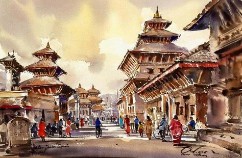 Nepali Painting, Nepal Painting, Nepali Art, Patan Durbar Square, Mountain Painting Acrylic, Cloth Drawing, Nepal Art, Film Texture, Durbar Square