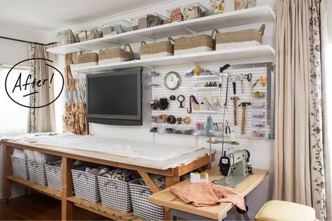 Workroom Organization, Studio Room Ideas, Workshop Layout, Cozy Places, Sewing Room Organization, My Workspace, Custom Drapery, Office Makeover, Office Crafts