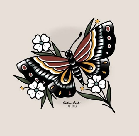 Traditional Moth Tattoo, Traditional Butterfly Tattoo, Traditional Butterfly, Moth Tattoo Design, Butterfly Hand Tattoo, Traditional Tattoo Flowers, Timeless Tattoo, Flash Ideas, Gold Tattoo