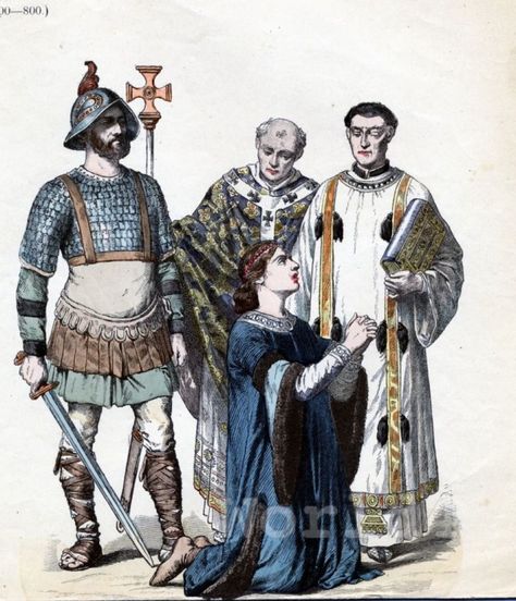 Carolingian fashion 8th - 10th century. Knight, Bishop, Priest and Burgess. Knight In Armor, Byzantine Fashion, High Middle Ages, Japanese Warrior, Early Middle Ages, Medieval Costume, Knight Armor, 11th Century, Dark Ages