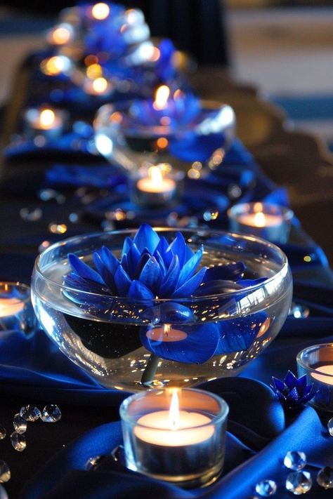 Royal Blue Outside Wedding Ideas, Black Royal Blue And Gold Wedding, Royal Blue Flowers Wedding, Wedding Blue Aesthetic, Wedding Royal Blue Theme, Royalty Themed Wedding, Royal Blue Wedding Ideas Decoration, Royal Blue Black And Silver Decorations, Royal Centerpiece Ideas