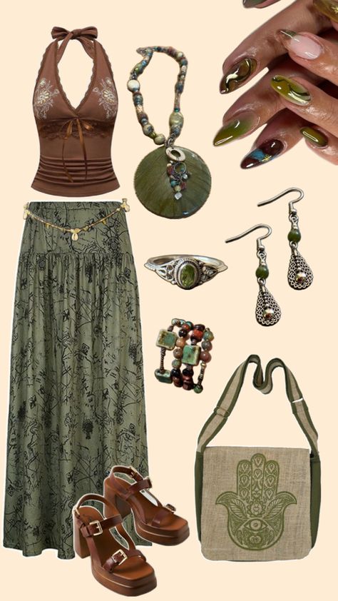 Earthy outfit green brown tan jewelry skirt crop top bracelet necklace nails heels shoes Skirt Crop Top, Lily Potter, Earthy Style, Earthy Outfits, Skirt Crop, Hippie Style Clothing, Swaggy Outfits, Hippie Outfits, Cute Everyday Outfits