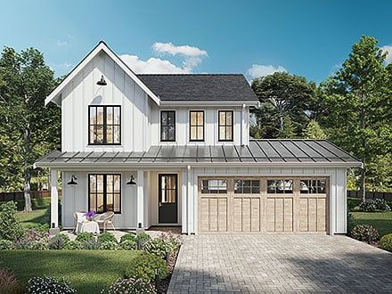 Modern Country Living, Guest House Plans, Board And Batten Exterior, Two Story House Plans, Free House Plans, Farmhouse Style House Plans, Flex Room, Farmhouse House, Farmhouse Plan