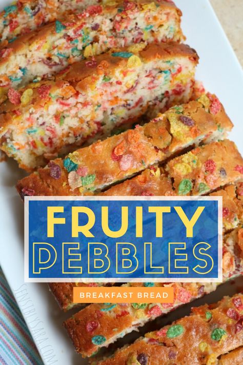 Fruity Pebble Donut, Fruity Pebbles Snacks, Summer Sweet Breads, Cereal Bread Recipes, Fruity Pebbles Muffins, Fruity Pebbles Dessert Recipes, Recipes Using Fruity Pebbles, Fruity Pebble Bread, Fruity Baked Goods