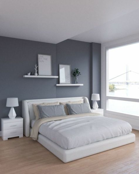 Grey Accent Wall Living Room, Grey Room Ideas Bedroom, Gray Accent Wall Bedroom, Lantai Vinil, Grey Feature Wall, Room Shades, Grey Bedrooms, Dark Grey Living Room, Grey Bedroom Design