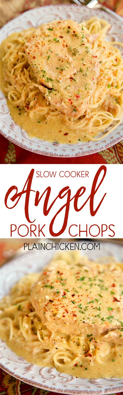 Slow Cooker Angel Pork Chops - THE BEST pork chops EVER! Everyone cleaned their plate!!! SO tender and full of flavor. Pork chops, Italian dressing mix, cream cheese, butter, cream of chicken soup and white wine/chicken broth. Serve over angel hair pasta. Make sure to spoon the sauce out of the slow cooker - it is SO good!!! Angel Pork Chops, Pork Chops Italian, Best Pork Chops Ever, The Best Pork Chops, Best Pork Chops, Cream Cheese Butter, White Wine Chicken, Wine Chicken, Italian Dressing Mix