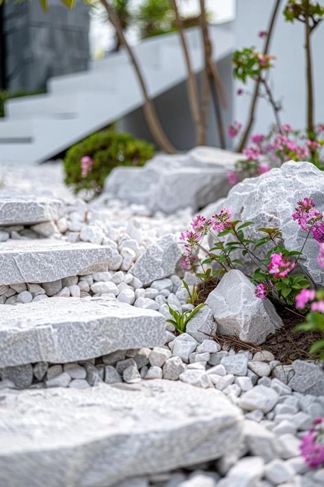 Stunning White Marble Rock Landscaping Ideas White Marble Rock Landscaping, Marble Rock Landscaping, White Rocks Landscaping, White Rocks Landscaping Ideas, White Landscaping Rock, Rocks Landscaping Ideas, White Gravel, White Rocks, Marble Rock