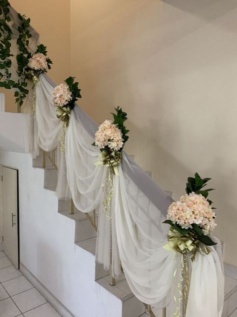 Wedding Staircase Decoration, Tulle Wedding Decorations, Wedding Stairs, Staircase Decoration, Wedding Staircase, Malaysia Wedding, Tulle Decorations, Wedding Church Decor, Home Backyard