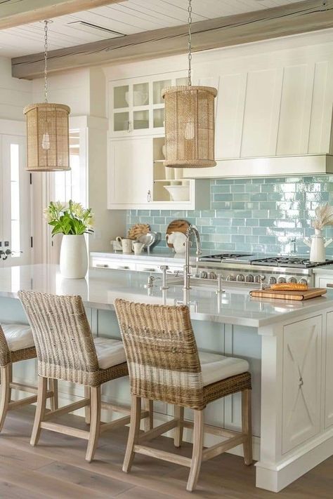 Beach House Interior Kitchen, Small Beach House Kitchen, Yellow Kitchen Cabinets, Budget Kitchen Makeover, Coastal Kitchen Design, Beach Kitchen, Coastal Farmhouse Decor, Beach House Living Room, Beach House Interior Design