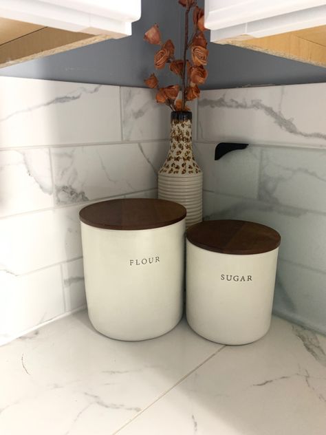 Flour Jars, Sugar And Flour Storage Ideas, Sugar And Flour Container, Flour And Sugar Containers, Flour And Sugar Containers On Counter, Sugar Flour Containers, Flour Sugar Containers, Flour Jar, Flour Storage