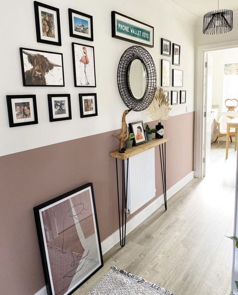 Entrance Hall Color Ideas, Half And Half Painted Walls Hallway, Half And Half Painted Hallway, Conservatory Wall Colours, Tiny Hallway Paint Ideas, Pink And White Hallway, Hall Stairs And Landing Decor Colour, Pink And Grey Hallway, Half And Half Hallway