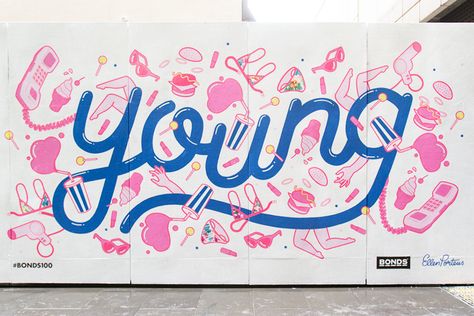 Bonds 100 Mural on Behance Wall Typography Design, Typographic Mural, Word Mural, Ellen Porteus, Text Mural, Wall Mural Office, Type Mural, Wall Graphics Design, Illustration Mural