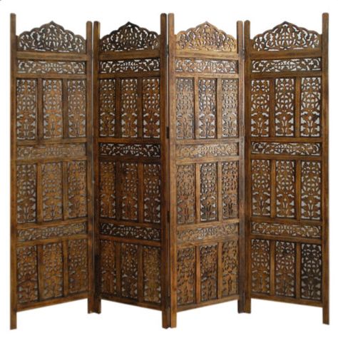 PARAVENT 4 PANEL INDIAN HAND CARVED WOODEN SCREEN ROOM DIVIDER FREE P & P K0 | eBay Wooden Carved Room Divider, Wooden Screen Partition, Wooden Panel Design, Wooden Divider, Islamic Furniture, Room Deviders, Wood Partition, Carved Wooden Panels, Folding Screen Room Divider