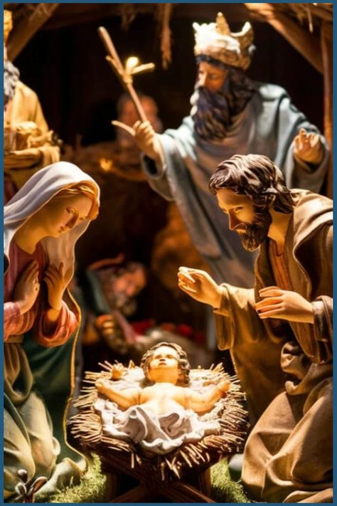 Nativity scene with Mary, Joseph, baby Jesus in a manger, and visitors. Nativity Scene Set Up Ideas, Christian Christmas Themes, Church Nativity Displays, Indoor Nativity Scene Ideas, Nativity Scene Display Indoor Ideas, Nativity Sets Display, Willow Tree Nativity Set, Christmas Nativity Scene Display, Nativity Scene Display