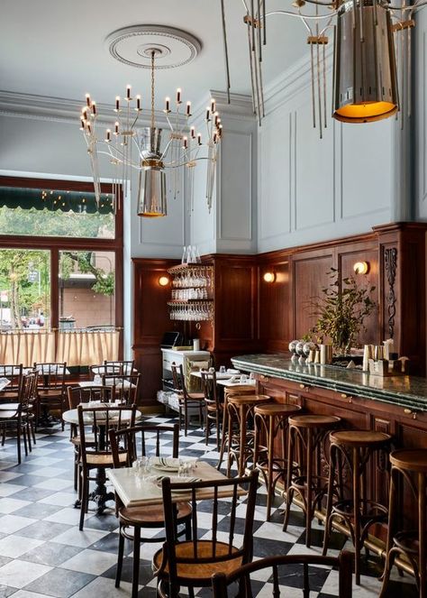 French Restaurant Interior, Bistro Interior Design, Italian Restaurant Interior, Bistro Interior, French Brasserie, Eclectic Restaurant, Upper West Side Apartment, Classic Restaurant, Checkerboard Floor