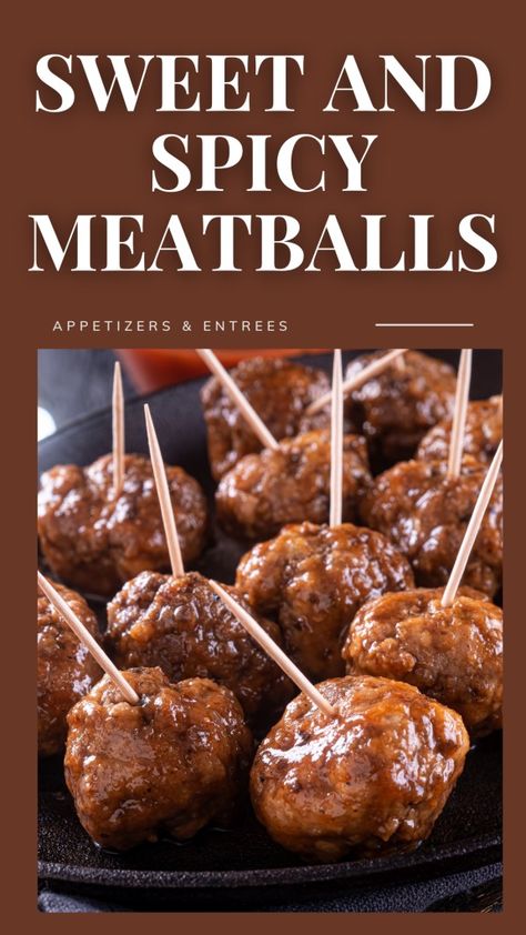 Easy Sweet and Spicy Meatballs - Appetizers & Entrees Crockpot Sweet And Spicy Meatballs, Meatball Snacks Appetizers, Sweet And Spicy Meatballs Crockpot, Spicy Meatball Recipes, Spicy Meatballs Crockpot, Spicy Meatballs Appetizers, Meatball Appetizer Recipes, Sweet And Spicy Meatballs, Spicy Meatballs Recipe