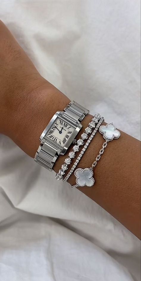 Silver Jewellery Stacking, Jelwery Aesthetic Silver, Silver Bracelet Stack Aesthetic, Silver Jewelry Bracelets, Wrist Stack, Jewelry Aesthetic, Wrist Jewelry, Luxe Jewelry, Dope Jewelry