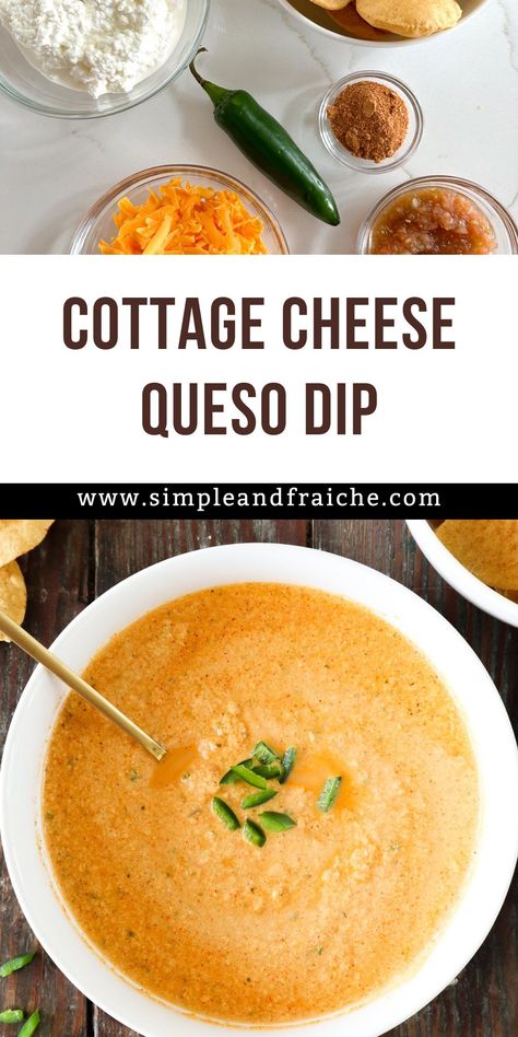 High Protein Cottage Cheese Queso is going to be your new favorite party dip. Whether you're snacking during game night or hosting a party, having the perfect dip can make all the difference. For the cheese lovers who are tired of the same old queso recipe and looking to spice things up, look no further than this healthy Cottage Cheese Queso recipe, it's a game changer. Cottage Cheese Queso Dip, Cheese Queso Dip, Cottage Cheese Queso, Nachos Cheese, Nachos Cheese Recipe, Protein Cottage Cheese, Gluten Free Recipes Side Dishes, Queso Cottage, Cheese Queso