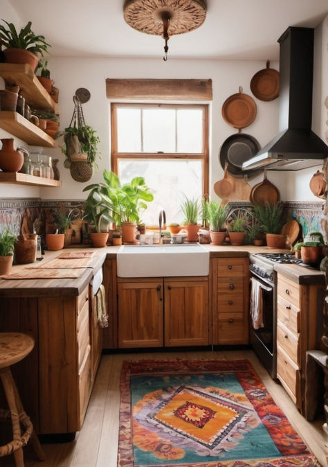 Modern Boho Home, Kitchen Design, cozy fall vibe Mid Century Boho Kitchen, Boho Tiny Home, Small Boho Kitchen Ideas, Kitchen Design Cozy, Boho Kitchen Backsplash, Boho Home Kitchen, Small Boho Kitchen, Boho Tiny House, Wooden Banister