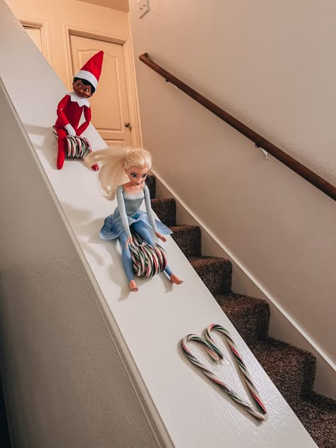 Candy Cane Sleigh Elf On The Shelf, Elf Sledding Down Stairs, Elsa Elf On The Shelf Ideas, Elf On The Shelf Candy Cane Sled, Elf On The Shelf Ideas Elsa, Elf On The Shelf Elsa, Elsa Elf On The Shelf, Elf On The Shelf Candy Cane Ideas, Elf On The Shelf Sledding