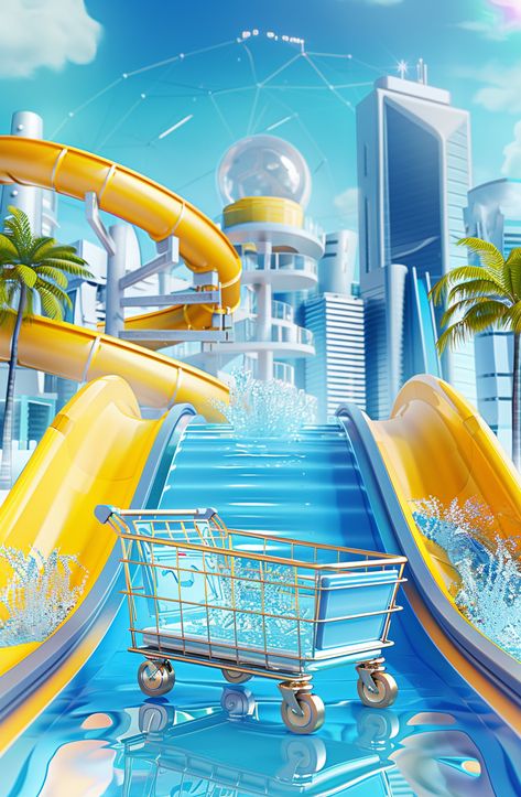 Water Slide with Inflatable Pool in Cartoon Style Bg Poster, Pool Water Slide, Inspirational Digital Art, Jelly Wallpaper, Photography Movies, Digital Art Poster, Facebook Graphics, Poster Idea, City Background