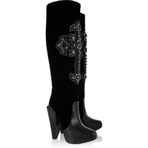 Versace Crystal-embellished velvet and leather knee boots (12,420 MXN) ❤ liked on Polyvore featuring shoes, boots, black, versace, zapatos, black knee boots, black velvet boots, black boots, pull on leather boots and black knee high heel boots High Heel Stiefel, Womens Black Booties, Leather Knee Boots, Fabulous Shoes, Shoe Lover, Black Crystals, Beautiful Shoes, Ugg Boots, Knee High Boots