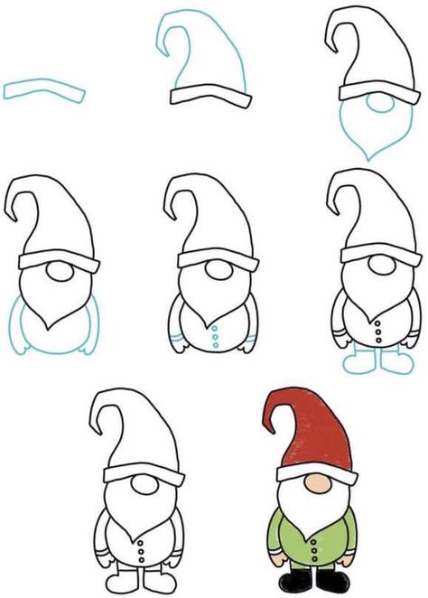 Gnome Easy Drawing, Gnome Doodles How To Draw, Winter Drawings Simple, Gnome Drawing Simple Step By Step, Simple Gnome Drawing, Bujo Doodles Simple, Gnome Drawing Simple, Gnome Sketch, Draw A Gnome