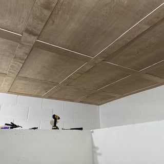 Cheap Basement Ceiling Ideas, Cheap Ceiling Ideas, Kitchen Extras, Ceiling Alternatives, Batten Board, Plywood Ceiling, Ceiling Remodel, Hanging Drywall, Sheet Rock