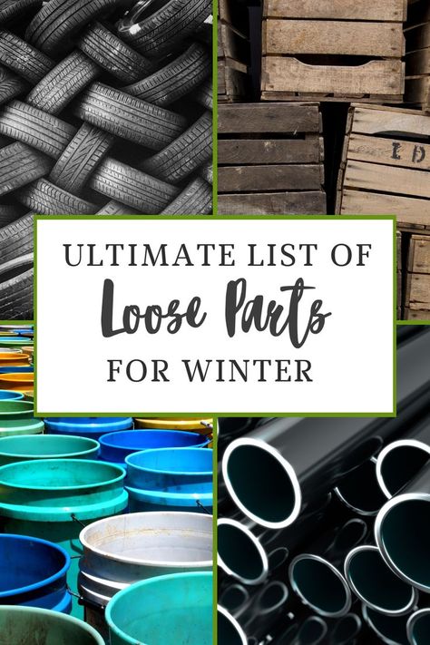 Ultimate List of Loose Parts to backyard play this winter. Play in the rain, snow, or any early childhood education setting using these free and easy materials. Childcare Outdoor Activities, Outdoor Loose Parts, Daycare Playground, Nature Based Play, Play In The Rain, Natural Play Spaces, Loose Part, Preschool Playground, Parts Work