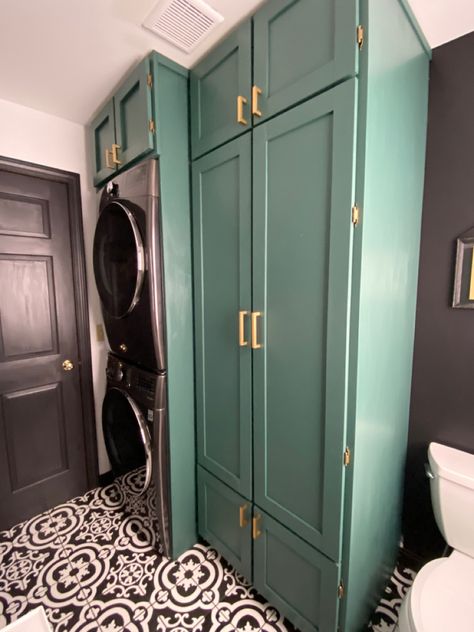 Customized laundry/half bath. Wanted to go nold with the pretty green and the gold touches. Laundry Master Bath Combo, Half Bath Mudroom Combo, Mud Room Half Bath Combo, Half Laundry Half Bathroom, Laundry Mudroom Bathroom Combo, Adding Half Bath To Laundry Room, Half Bath With Laundry, Laundry Half Bath Combo, Laundry Room Bathroom Combo Utility Sink