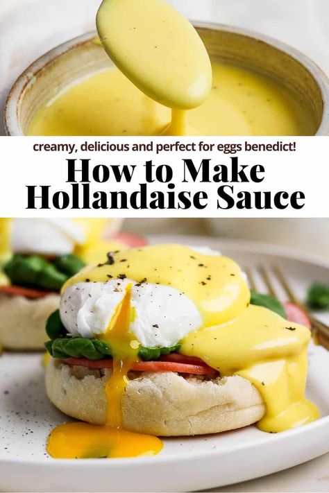 How to Make Hollandaise Sauce -  a step-by-step tutorial that teaches you how to make this classic French mother sauce! #howtomakehollandaisesauce #howtomakehollandaisesauceeasy #howtomakehollandaisesauceeggbenedict #howtomakehollandaisesaucewithoutablender #howdoyoumakehollandaisesauce Halendase Sauce, Quick Hollandaise Sauce No Blender, Cheesy Hollandaise Sauce, Make Ahead Bernaise Sauce, Holindaise Sauce Recipe Egg Benedict, Holindaise Sauce Easy, How To Make Hollandaise Sauce Easy, Classic Hollandaise Sauce Recipe, Hollandaise Sauce Easy Immersion Blender