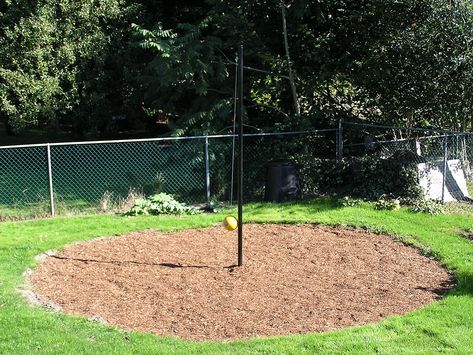 Image result for backyard tetherball landscape Diy Sports Court Backyard, Tetherball Diy Backyard Ideas, Tetherball Diy, Diy Tetherball Pole, Backyard Sports Field, Backyard Landscaping Basketball Court, Diy Tetherball, Backyard Tetherball, Tetherball