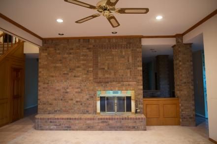 Living Room, BEFORE Fireplace Makeover Off Center, Brick Double Sided Fireplace, Hanging Tv On Brick Fireplace, Off Centered Fireplace Living Room, Off Center Brick Fireplace, Offset Fireplace Ideas, Wide Fireplace Wall, Large Brick Fireplace Wall, Fireplace Not Centered In Living Room