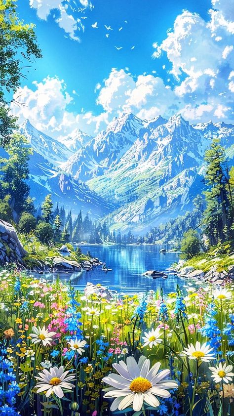 Fantasy Scenery Landscapes, Aesthetic Wallpaper Mountains, Anime Nature Wallpaper, Anime Landscape Wallpaper, Flowers Hd Wallpapers, Dreamy Artwork, Hd Nature Wallpapers, Dreamy Landscapes, Japon Illustration