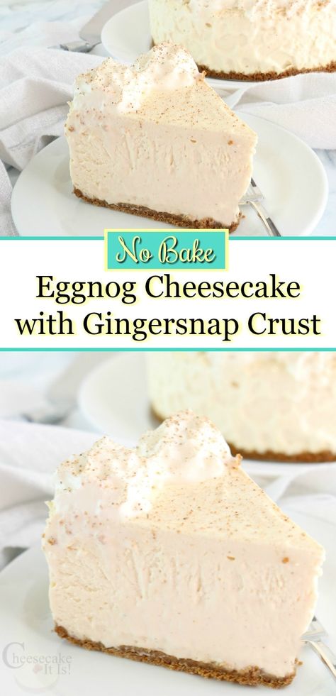 Keto Eggnog Cheesecake, Egg Nog Cheesecake Recipe No Bake, Eggnog No Bake Cheesecake, No Bake Egg Nog Cheesecake, Egg Nog Pie Recipe No Bake, No Bake Eggnog Cheesecake Recipe, Eggnog Baked Goods, Eggnog Cheesecake No Bake, Eggnog Cheesecake With Gingersnap Crust