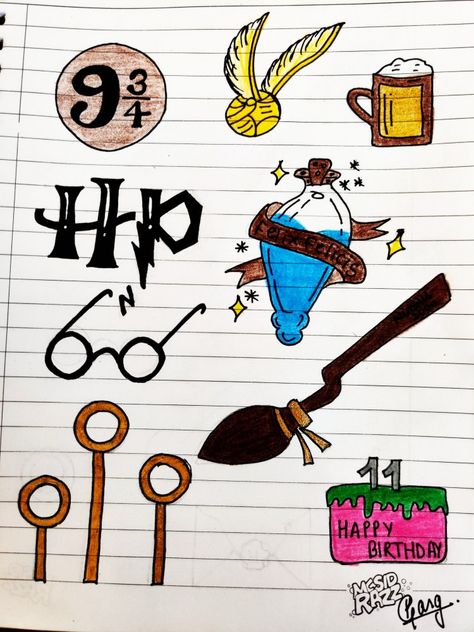 Doodle Desenleri Harry Potter, Hp Doodles, Handmade Bookmarks Diy, Notebook Drawing, Doodle Art Drawing, Harry Potter Crafts, Harry Potter Anime, Harry Potter Cast, Rock Painting Art