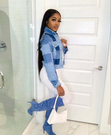 Blue Winter Outfits For Black Women, Blue Jean Boots Outfit, Baddie Blue Outfits, Blue Birthday Outfit Ideas, Shades Of Blue Outfits For Women, Denim Boots Outfit Ideas, Blue Baddie Outfits, Blue Outfit Ideas Black Women, Blue Outfits Black Women