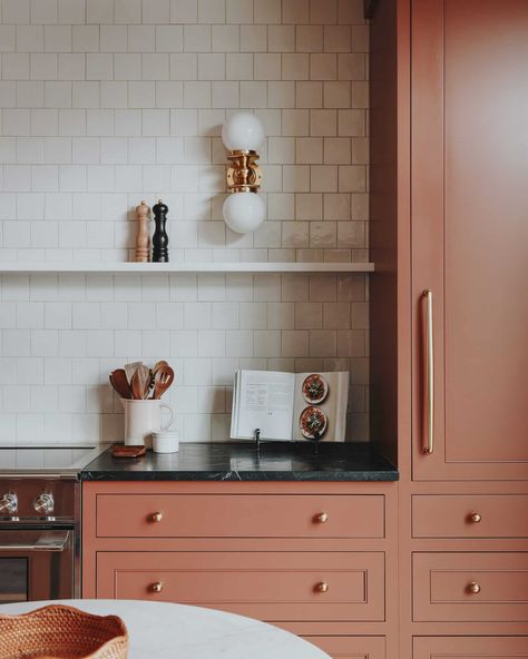 Kitchen Progress! 5 Transformative Updates. - Yellow Brick Home Terracotta Cabinet Color, Terracota Kitchen Cabinet, Rust Colored Cabinets, Terra Cotta Cabinets Kitchen, Peach Cabinets, Terracotta Cabinets, Terracotta Kitchen Cabinets, Kitchen Cabinet Refresh, Guest Kitchen