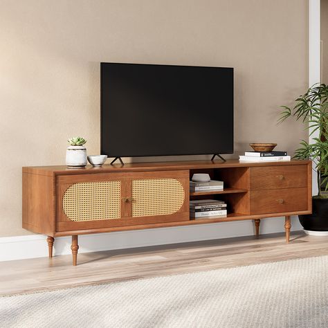 This solid wood TV cabinet not only provides ample storage space, but also shows elegant style and exquisite craftsmanship. Whether it sets in your living room, entertainment room or bedroom, this TV stand will be the highlight of your home decor, adding comfort and functionality to your living space. Tv Room Decor, Record Console, Midcentury Tv Stand, Rattan Door, Walnut Tv Stand, Shelves For Living Room, Wood Tv Cabinet, Solid Wood Tv Stand, Living Room Entertainment