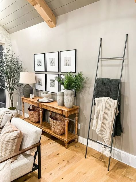 Blanket Ladder - Decor - Home Styling - Mantle Design Ladder Blanket Holder Living Rooms, Blanket Ladder By Fireplace, Blanket Ladder Ideas Living Rooms, Black Blanket Ladder, Blanket Ladder Styling, Farmhouse Blanket Ladder Decor, Blanket Ladder Decor Living Room, Boho Blanket Ladder, Wall Ladder Decor