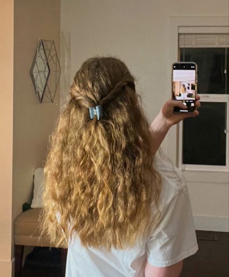 Half Up Crimped Hair, Short Wavy Half Up Hairstyles, Twist Half Up, Curly Hair Styles Half Up, 2nd Day Curly Hair Hairstyles, Wavy Hair Clipped Back, Wavy Hair Half Up Half Down, Half Up Half Down Clip Curly Hair, Half Up Half Down Mini Claw Clip