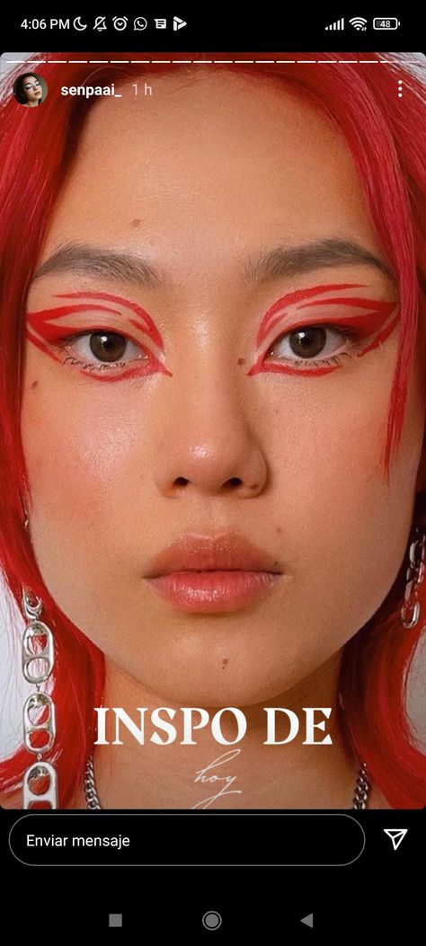 Coloured Liner Looks, Graphic Liner Asian Eyes, Flame Eyeliner Black, Red Liner Looks, Red Grafic Eyeliner, Fire Graphic Liner, Red Liner Makeup Looks, Red Eyeliner Ideas, Colorful Liner Makeup