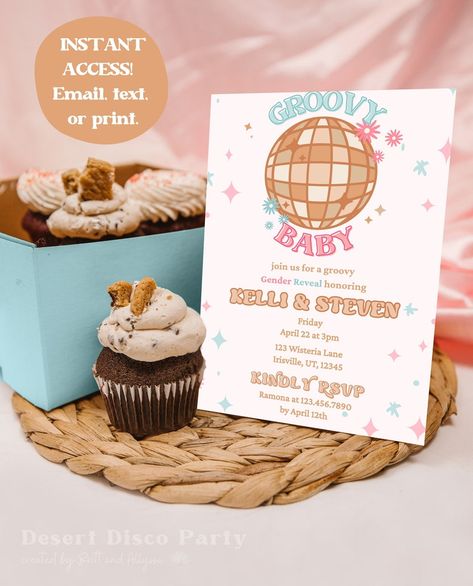 Disco Gender Reveal, Hippie Gender Reveal Ideas, Retro Gender Reveal, 70s Themed Gender Reveal, Groovy Gender Reveal, 70s Theme Baby Shower Ideas, Groovy Invitation Template, Lets Get Groovy Invitation, 70s Disco