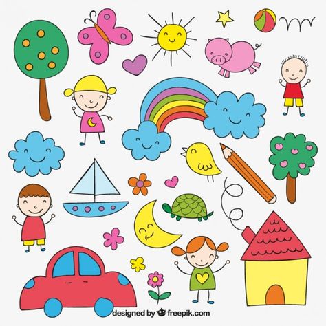 Children's drawing Free Vector | Free Vector #Freepik #freevector #hand #kids #hand-drawn #colorful Children Drawing Ideas For Kids, Simple Art For Kids, Kid Doodles, How To Draw Kids, Kids Drawing Ideas, Doodle Kids, Drawing Children, Easy Pictures To Draw, Drawings For Kids