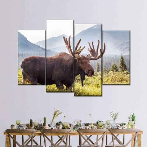 Grassfield Moose Multi Panel Canvas Wall Art | ElephantStock Moose Artwork, Deer Walking, Moose Wall Art, Bull Moose, Canvas Art Wall, Sunset Canvas, Canvas Art Wall Decor, Multi Panel Canvas, Canvas Set