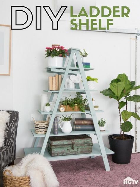 Step-by-Step Shelving: DIY Ladder Shelf Step Ladder Ideas, Upcycle Ladder, Diy Ladder Shelf, Wood Ladder Shelf, Repurposed Ladders, Shelving Diy, Ladder Planter, Ladder Shelf Diy, Old Wooden Ladders