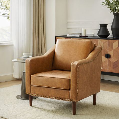 Sand & Stable Nemcova 30" Wide Full Grain Leather Armchair | Wayfair Nj House, Current Aesthetic, Leather Wingback, Inspo Board, Arm Chairs Living Room, Accent Chairs For Living Room, Leather Armchair, Comfortable Chair, Nailhead Trim